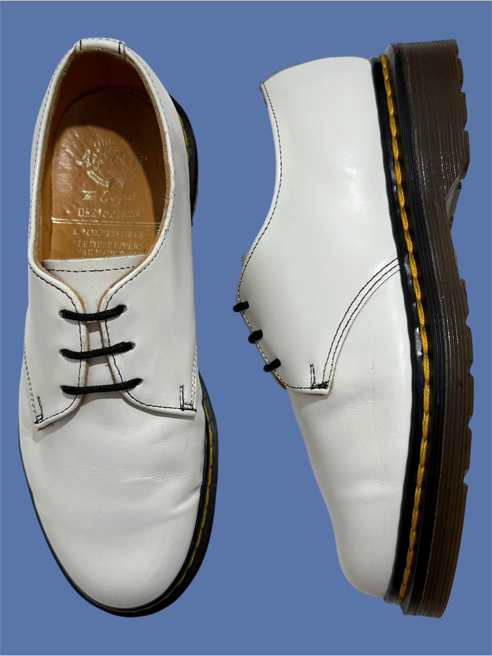💯 Dr. Martens 1461 Vintage White Leather Double Stitch England Oxfords UK 4
